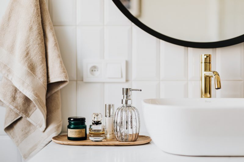 fragrance and scents in a tray placed in the bathroom sink is a great home upgrade